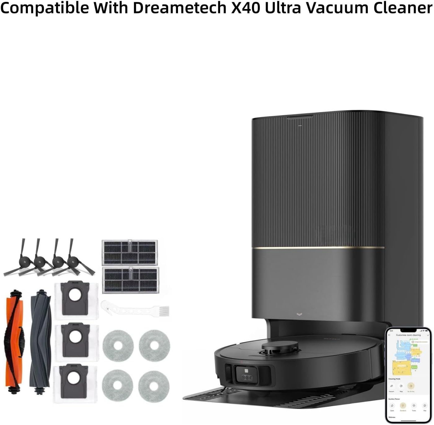 Accessories For Dreame X40 Ultra /S20/Mova P10 Pro Robotic Vacuum-2 Brush Roller+4 Mop Pads+3 Dust Bags+2 Active Carbon Filters+4 Side Brush+1 Cleaning Tool(16PCS)