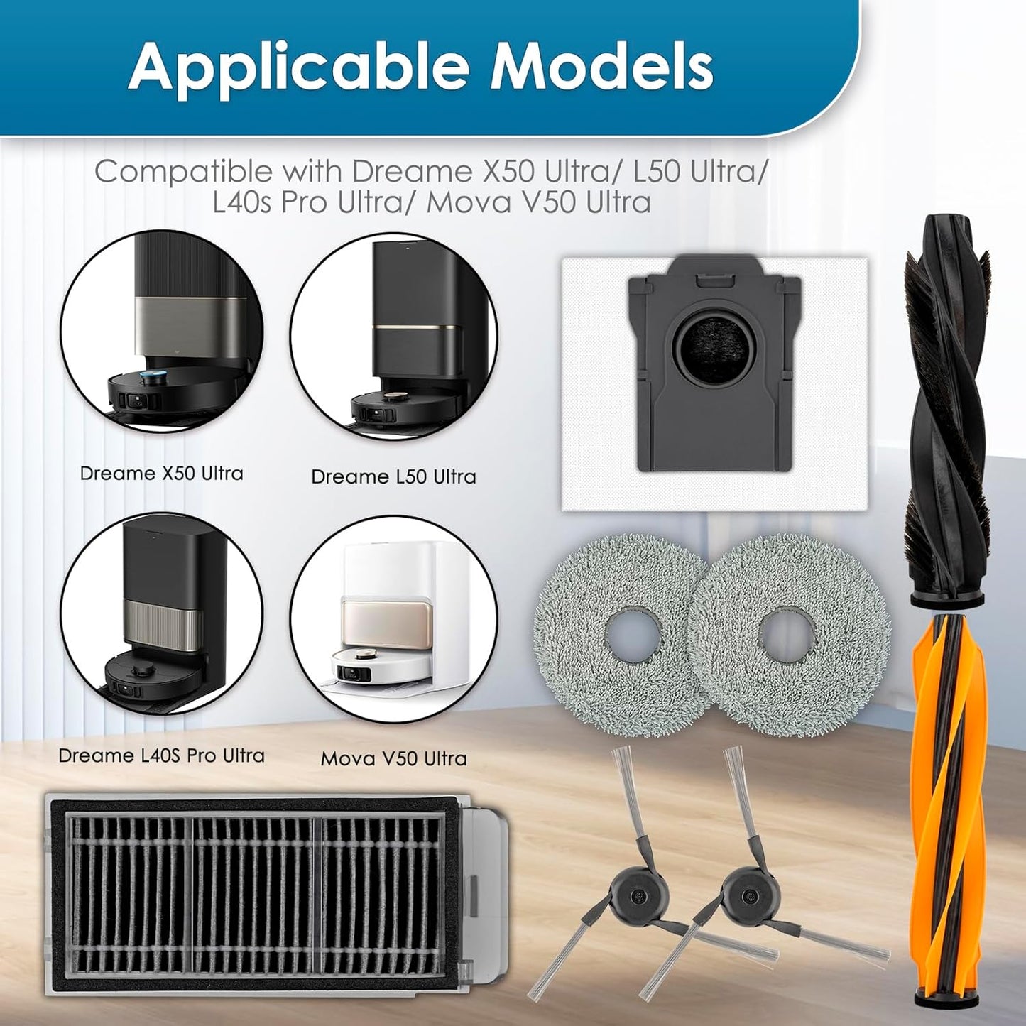 (15 Pack) X50 Ultra Replacement Parts Compatible with Dreame X50 Ultra Robot Vacuum Cleaner, 2 Roller Brushes, 4 Side Brushes, 3 Dust Bags, 3 HEPA Filters, 3 Mop Pads, Accessories Kit