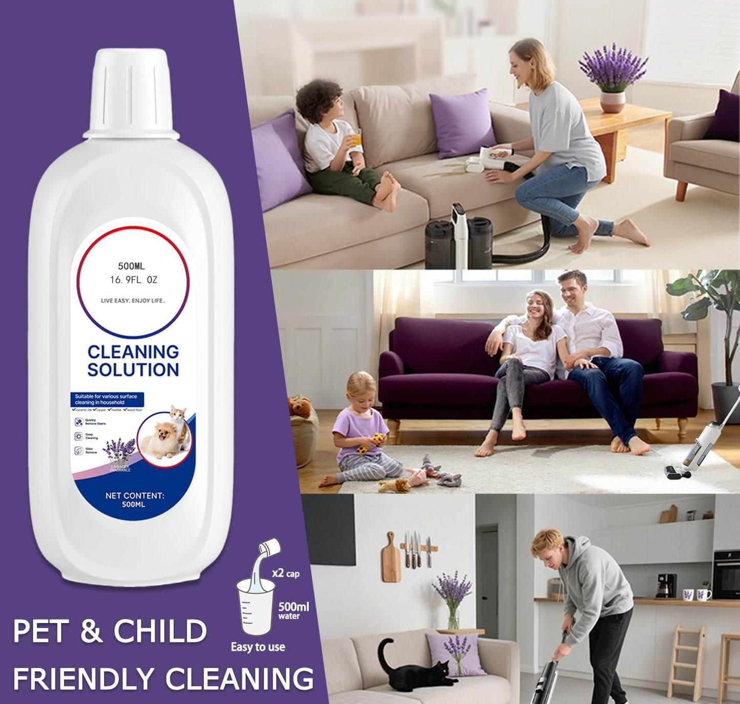 Floor Cleaner Lavender Scent Compatible with Tineco Cleaning Solution Refill, Deep Cleans Residue & Streak Free, Wet Dry Vacuum Mop Cleaners Solution for all Tineco FLOOR ONE & iFloor Series (4PCS)