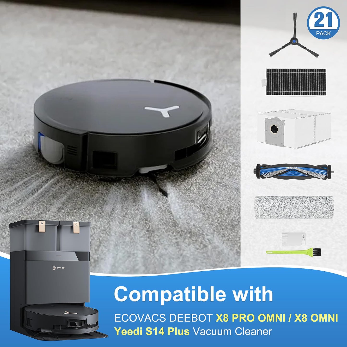 Accessories Kit for ECOVACS DEEBOT X8 PRO OMNI Compatible with Yeedi S14 Plus Vacuum Cleaner（21Pcs）