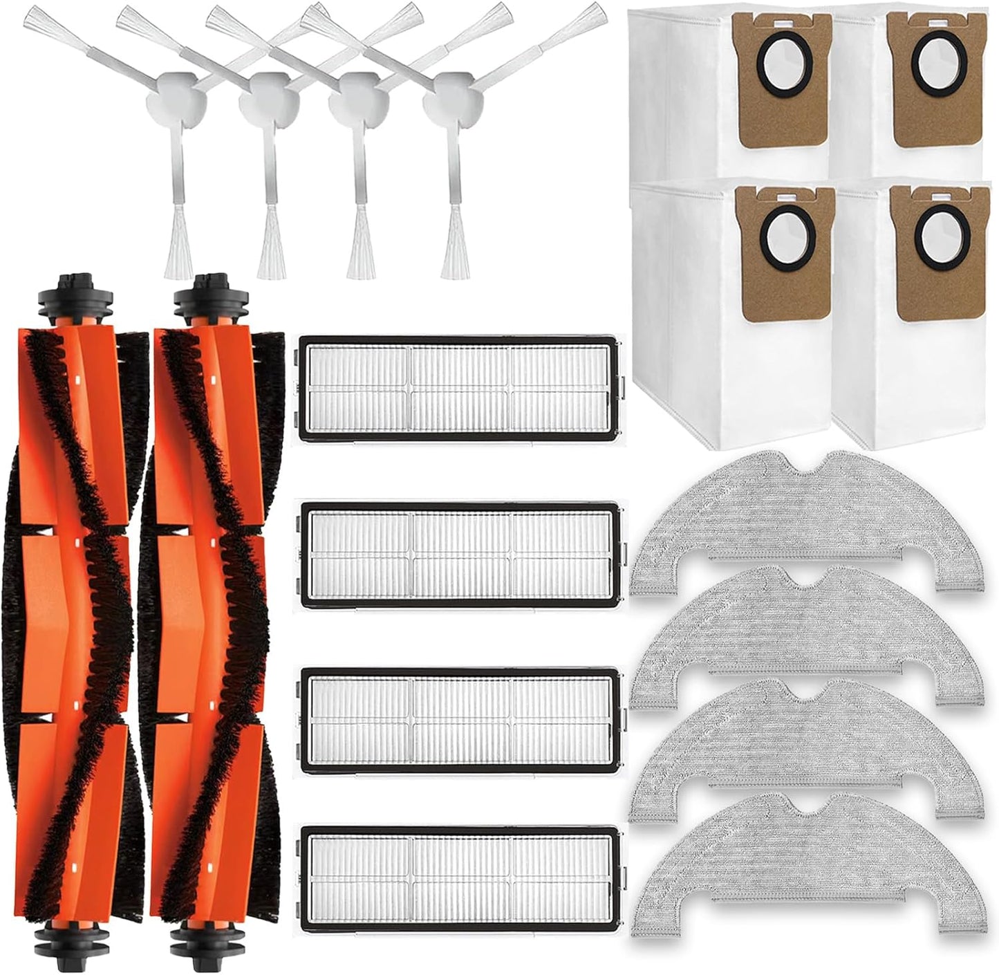 Replacement Parts Kit For Dreametech D10 Plus Robot Vacuum Cleaner RLS3D Accessories, 2 Main Roller Brush, 4 Side Brush, 4 Hepa Filter, 4 Mop Pad, 4 Dust Bags (18Pcs)