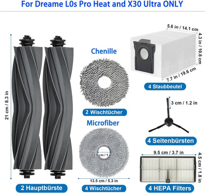 Accessories for Dreame L10s Ultra Heat L10s Ultra Gen 2/ L40s Ultra CE X30 Ultra Mova E30 mops Wipes X6; dust Bag X4; Filter HEPA X4; Main Brushes X2; Side Brushes X4 Spare Parts