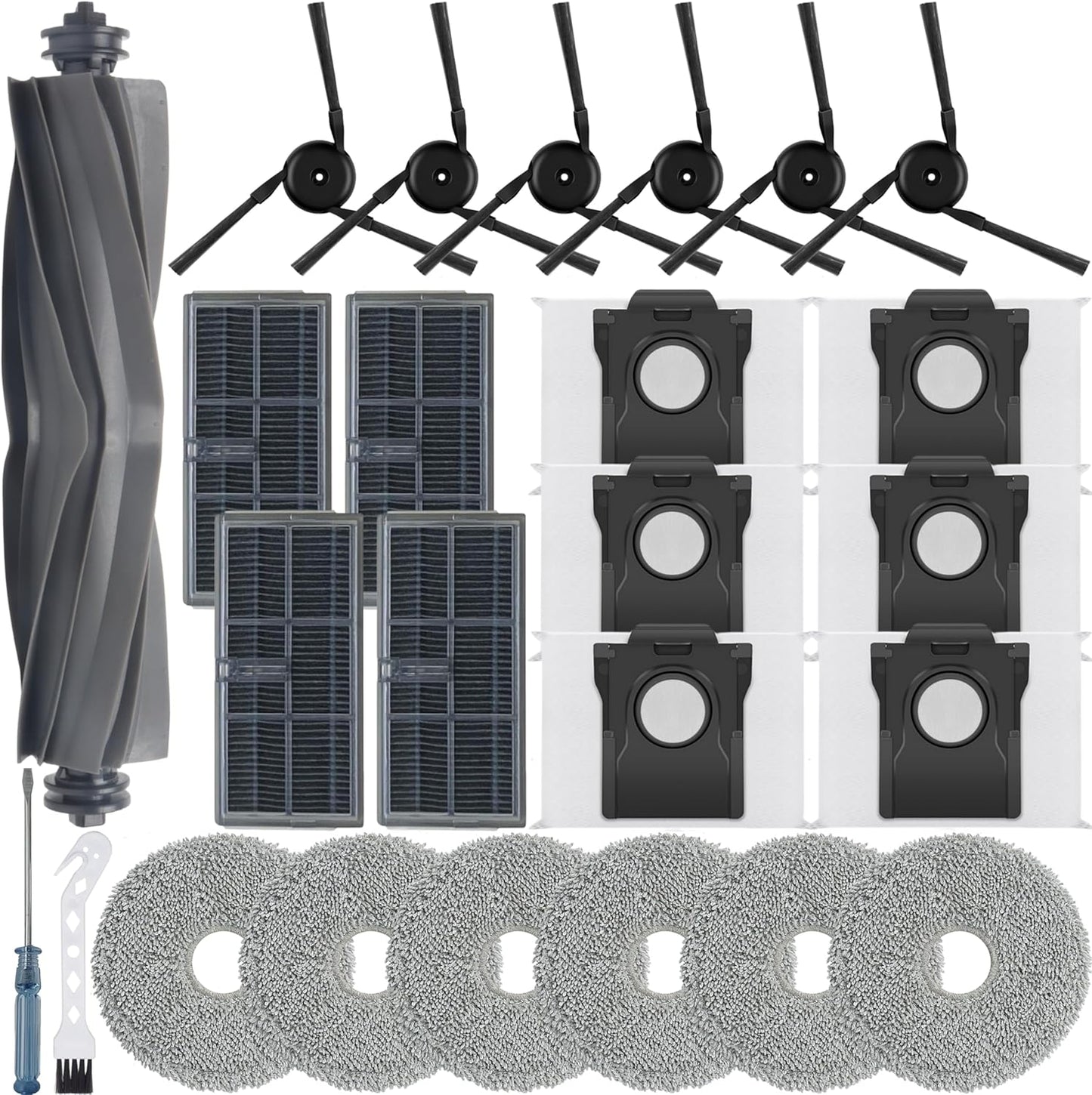 23Pcs Replacement Parts for Dreame X40 Ultra/L40 Ultra/MOVA P10 Pro Ultra Vacuum Cleaner Accessories Kit,1 Main Brush 6 Mop Pads 4 Hepa Filters 6 Side Brush 6 Vacuum Bags