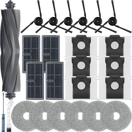 23Pcs Replacement Parts for Dreame X40 Ultra/L40 Ultra/MOVA P10 Pro Ultra Vacuum Cleaner Accessories Kit,1 Main Brush 6 Mop Pads 4 Hepa Filters 6 Side Brush 6 Vacuum Bags