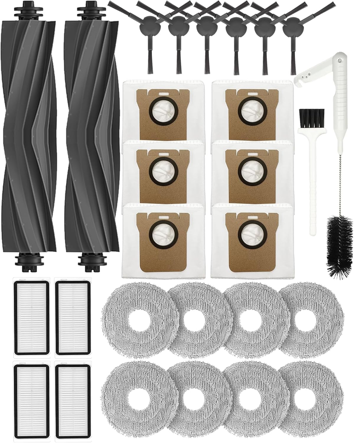 28PCS Replacement Parts for Dreame L20 Ultra/L20 Ultra Complete, L30 Ultra/L30 Ultra Complete, Vacuum Cleaner Accessory Kit: 2 Main Brushes, 6 Side Brushes, 4 HEPA Filters, 6 Dust Bags, 8 Wipes