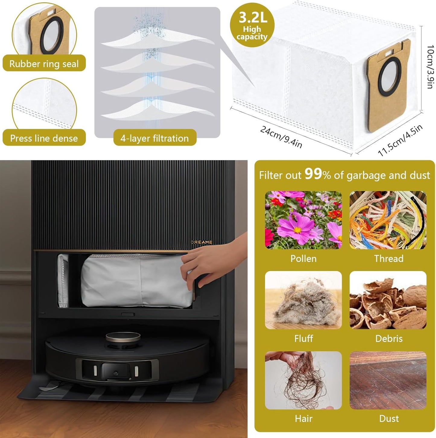 14Pcs Compatible with Dreame L10s Ultra Gen 2/X50 Ultra/L40 Ultra Robot Vacuum,3.2-Liter Large Capacity Activated Carbon Adsorptio Bags,Four-Layer Sealed Disposable dust bag,9 Week