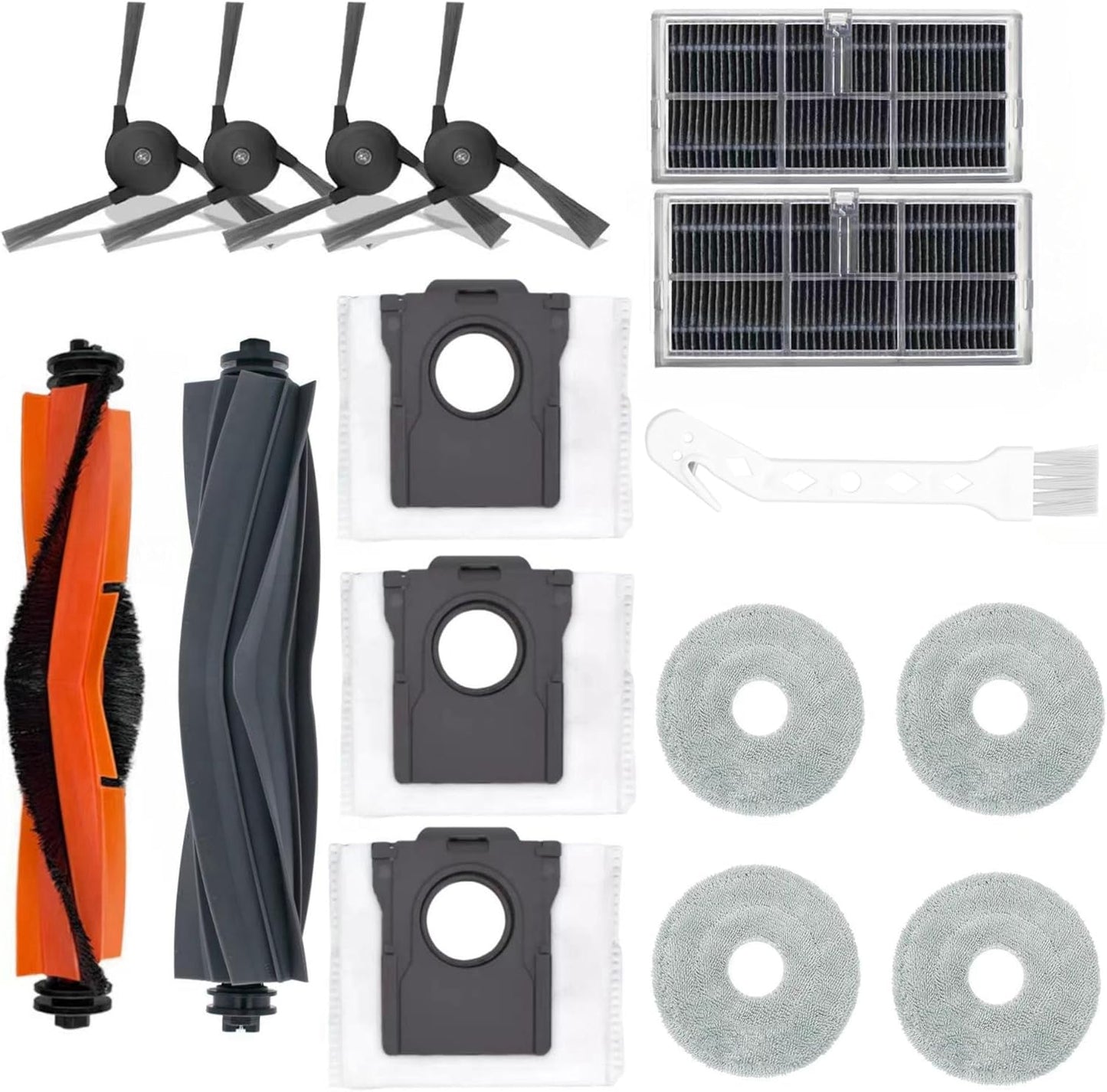Accessories For Dreame X40 Ultra /S20/Mova P10 Pro Robotic Vacuum-2 Brush Roller+4 Mop Pads+3 Dust Bags+2 Active Carbon Filters+4 Side Brush+1 Cleaning Tool(16PCS)