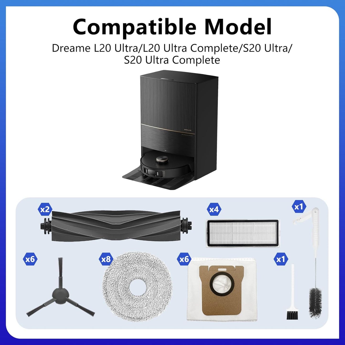 28 PCS Replacement Parts for Dreame L20 Ultra/L20 Ultra Complete, L30 Ultra/L30 Ultra Complete Vacuum Cleaner,2 Rubber Main Brush,6 Activated Carbon Dust Bags,4 Activated Carbon Filters