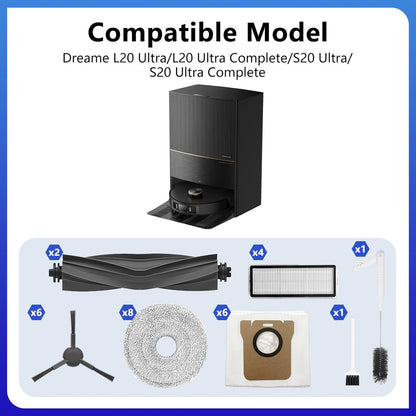 28 PCS Replacement Parts for Dreame L20 Ultra/L20 Ultra Complete, L30 Ultra/L30 Ultra Complete Vacuum Cleaner,2 Rubber Main Brush,6 Activated Carbon Dust Bags,4 Activated Carbon Filters