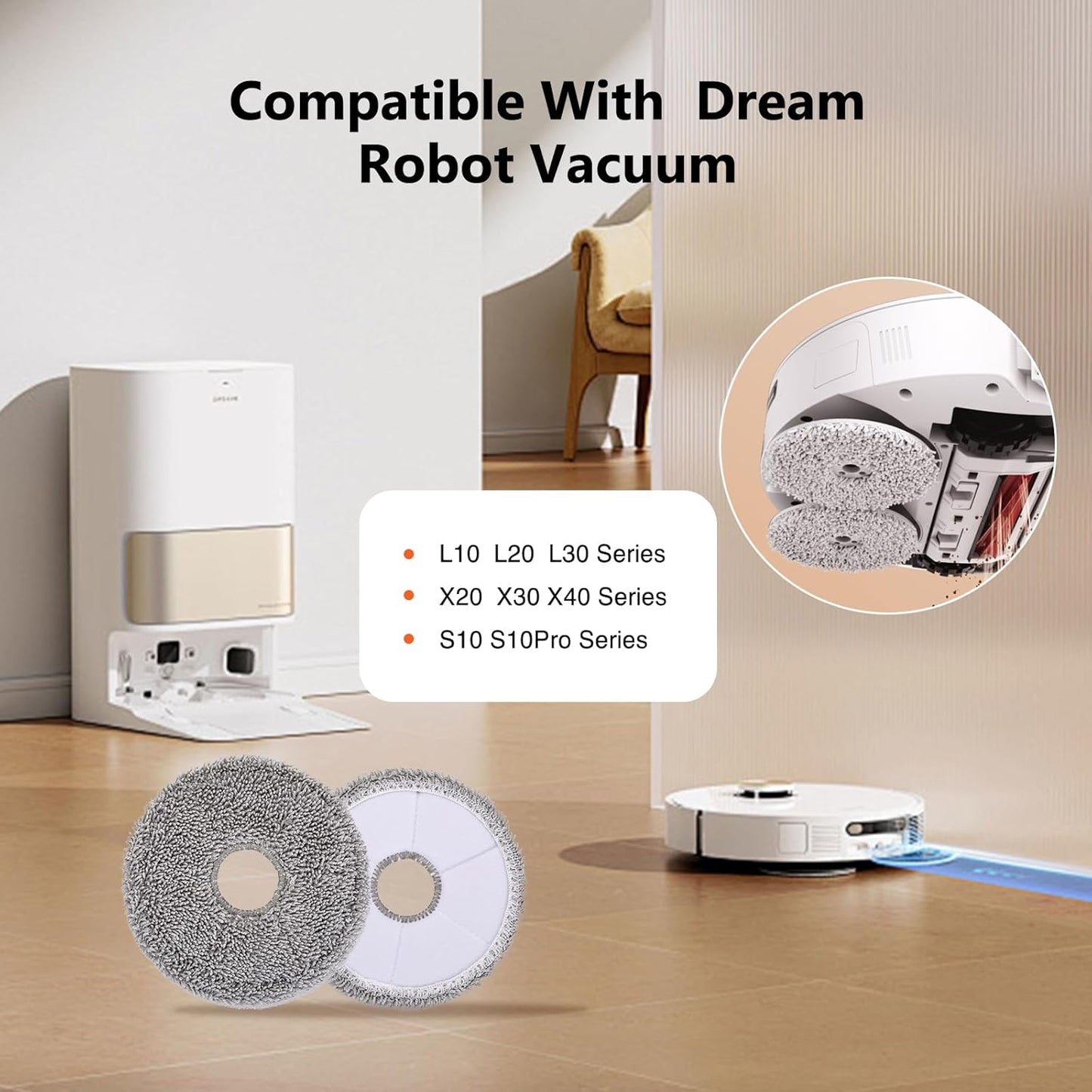 Robot Vacuum Mop Pads, Compatible with Dreame X40 Ultra, L10s Ultra, L10s Pro Ultra, L10s Plus, L40 Ultra, L30 Ultra, X30 Ultra, L20 Ultra – Reusable & Washable Wet Mopping Pads (6Pcs)