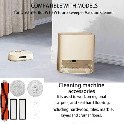 Replacement Parts For Dreametech W10 Pro/W10 Robot Vacuum Accessories kit; 1 Main Brush 2 Side Brush 2 Filter 2 Mop Pad 1 Mop Pad Bracket