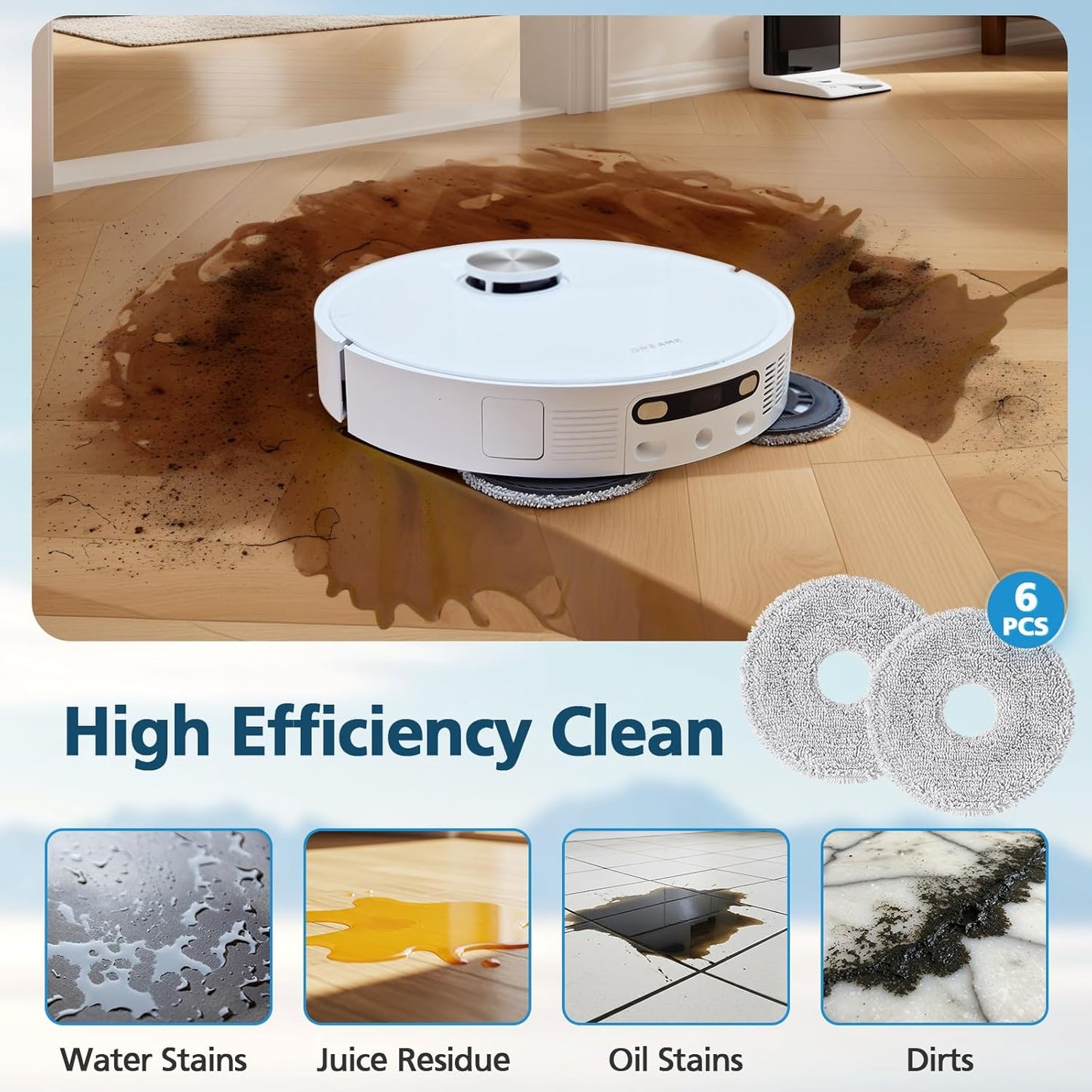 6-Pack Mop Pads for Dreame L40 Ultra/L10S Ultra/ L10S Ultra Gen2/X40 Ultra/L10s Pro Ultra Heat/L20 Ultra/ L10S Plus/X30 Ultra/X40 Master/L10 Ultra Robot Vacuum, Washable Microfiber Replacement Pads