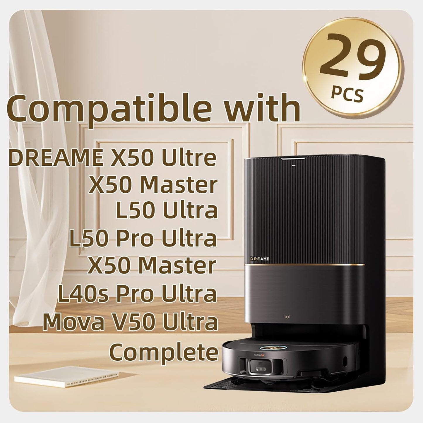29 Pack Accessories Kit Compatible with Dreame X50 Ultra Complete/L50 Pro Ultra/L50 Ultra/X50 Master/L40s Pro Ultra/Matrix10 Ultra/Mova V50 Ultra Complete Replacement Parts, Main Brush, Dust Bag
