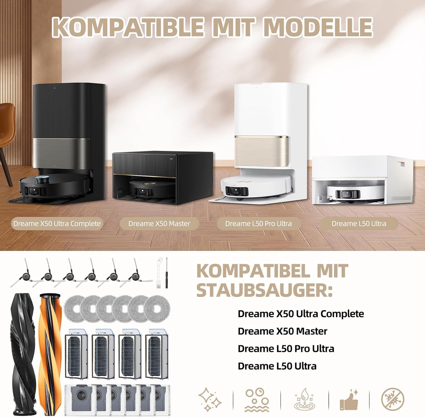 26 Pack Accessories for Dreame X50 Ultra Complete / X50 Master / L50 Pro Ultra / L50 Ultra Vacuum Robot, 2 Main Brush 6 Mop Pads 6 Dust Bags 6 Sidebrush 4 Filter 1 Cleaning Brush 1 Screwdriver