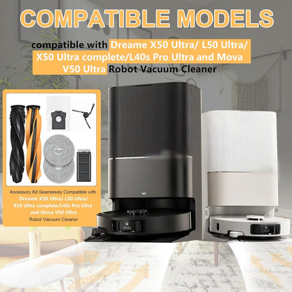 Accessories Replacement Parts Compatible with Dreame X50 Ultra/ L50 Ultra/ L40s Pro Ultra and Mova V50 Ultra Robot Vacuum Cleaner,4 Rubber Main Brush,6 Filters,6 Dust Bags,8 Mop Pads,6 Side Brushes