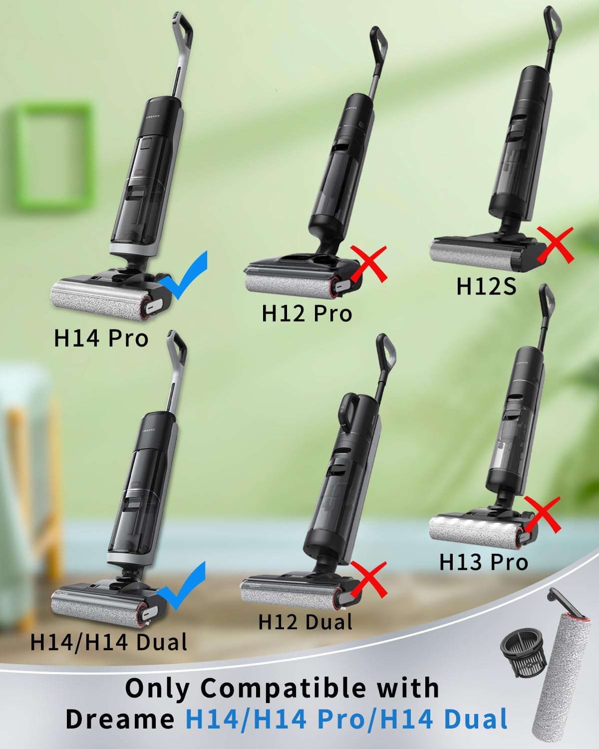 (6pcs) Replacement Brush Rollers And HEPA Filters For Dreame H14/H14 Pro/H14 Dual Wet Dry Vacuum Cleaner, Compatible Replacement Parts Accessories Kit Inclue 3 Vacuum Filter, 2 Brush Rollers