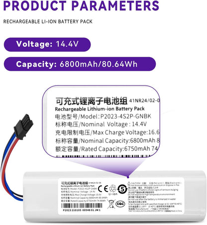6800mAh Vacuum Battery Replacement for Dreame L20 Ultra, L20 Pro Ultra, L20 Ultra Complete, X30 Ultra, Bot L10s Ultra Gen2, Bot L20 Ultra, Bot X30 Ultra, RLL32SE, RLX41CE, RLX56C Robot Vacuum Cleaner