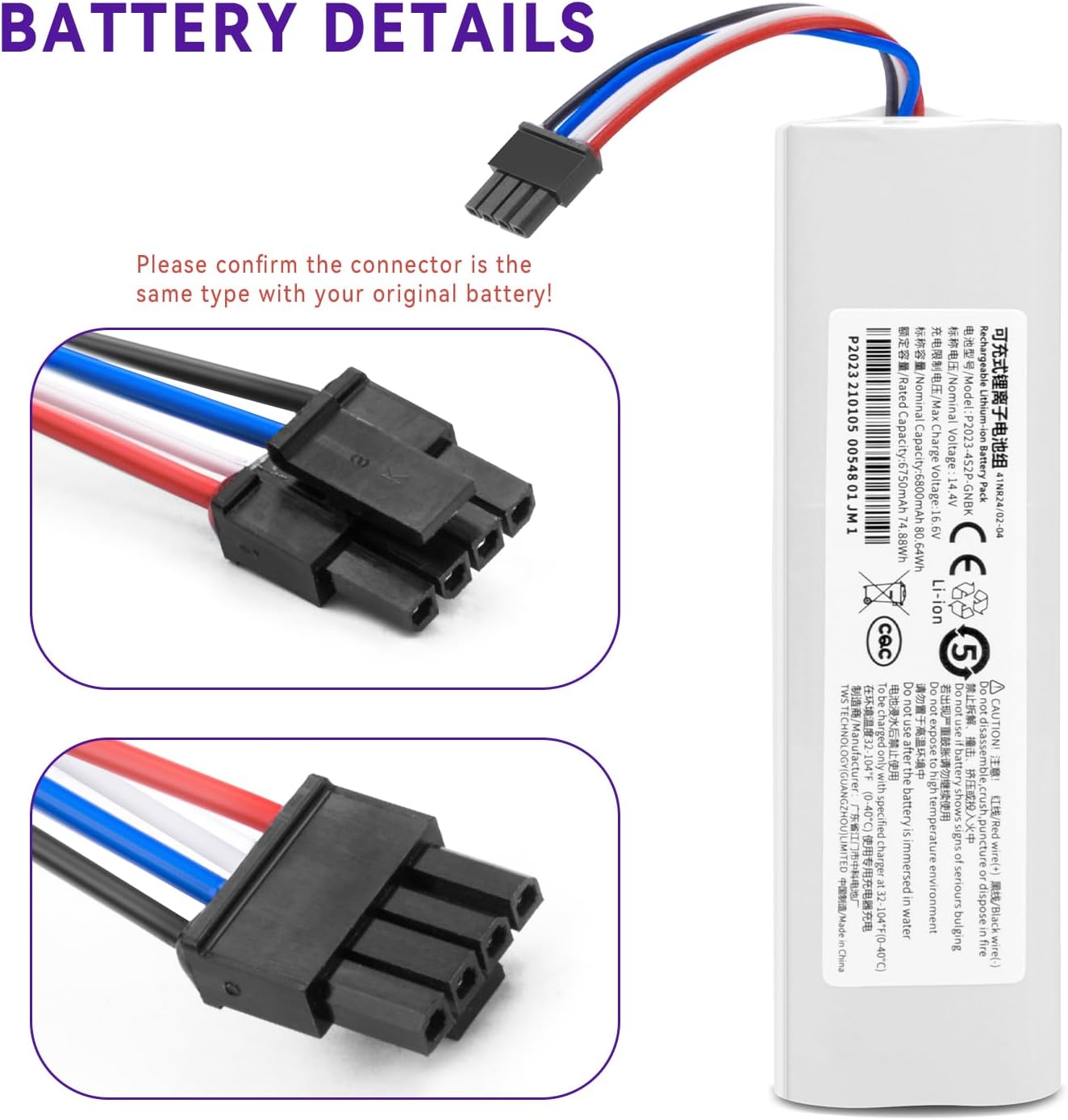 6800mAh Vacuum Battery Replacement for Dreame L20 Ultra, L20 Pro Ultra, L20 Ultra Complete, X30 Ultra, Bot L10s Ultra Gen2, Bot L20 Ultra, Bot X30 Ultra, RLL32SE, RLX41CE, RLX56C Robot Vacuum Cleaner